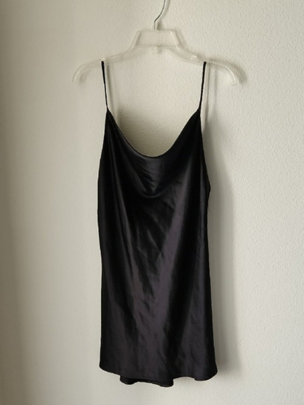 POLLY Black Satin Slip Mini Dress Slight Cowl Neckline  Sz M Minimalist Classic